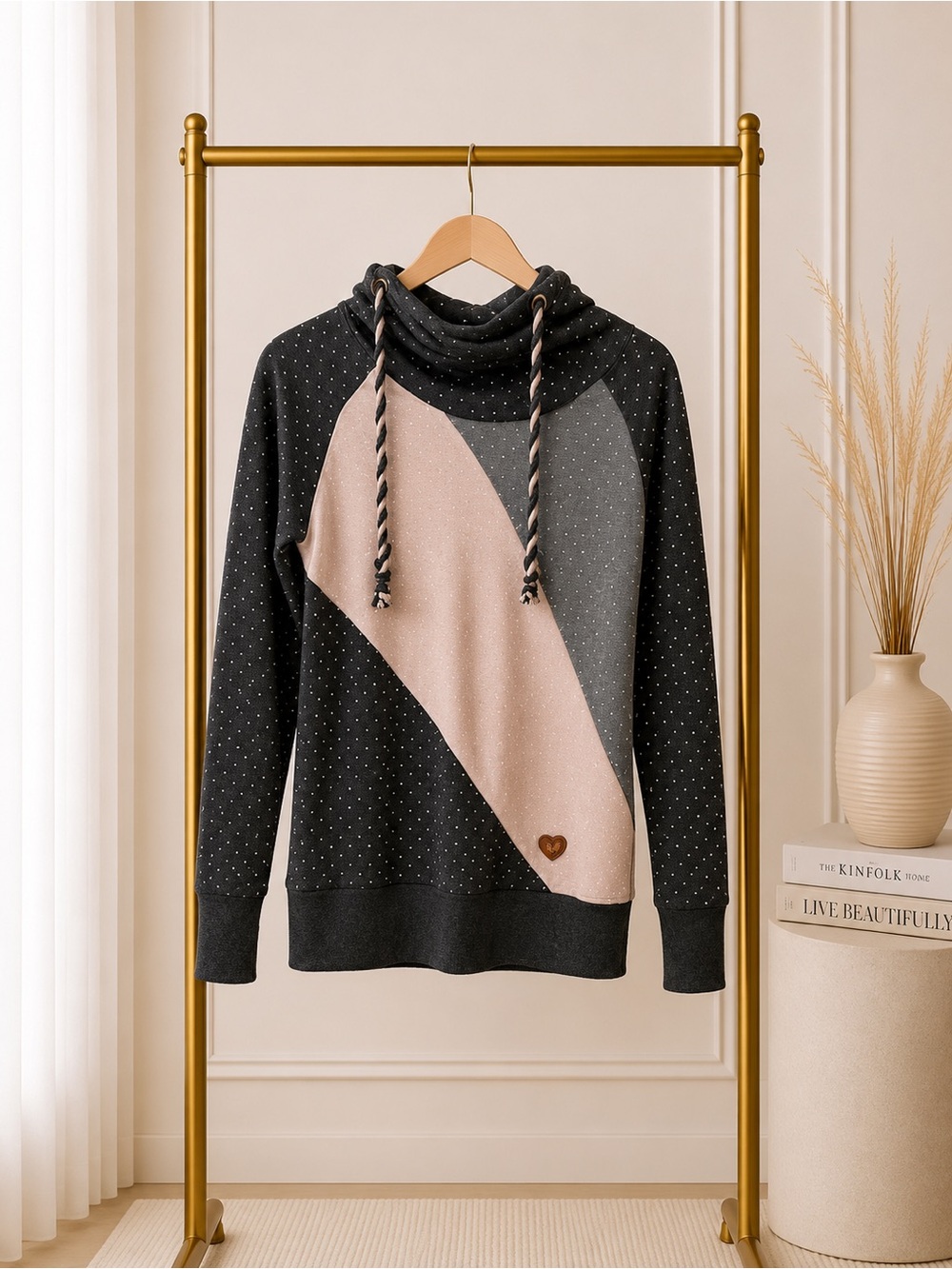 🔴 Crystal Doll Charcoal Gray and Blush Pink Diagonal Colorblock Hooded Sweater